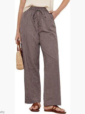 High Waisted Wide Leg Cotton Linen Pants Elastic Waist Casual Flowy